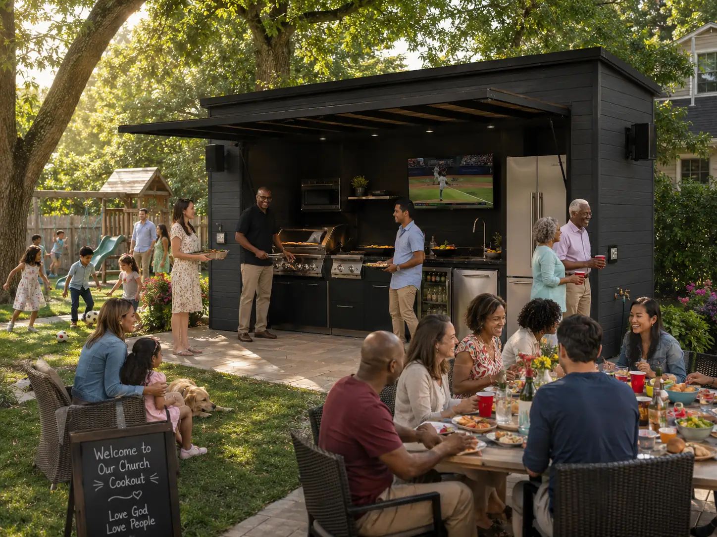 Friends gathered at the grill of a Flamehouse with its doors open